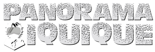 Logotipo Panorama Iquique, se escribe en letras que parecen piedras deserticas con la imagen de un joven con gafas 3d