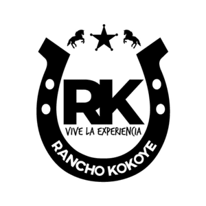 Una herradura Necgra con dos caballos enfrentandose entre si contra una estrella de plata, se lee rancho kokoye