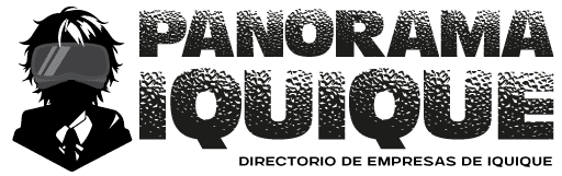 Logotipo Panorama Iquique, se escribe en letras que parecen piedras deserticas con la imagen de un joven con gafas 3d