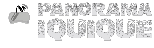 Logotipo Panorama Iquique, se escribe en letras que parecen piedras deserticas con la imagen de un joven con gafas 3d
